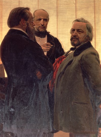 Vladimir Odoevsky, Mily Balakirev and Mikhail Ivanovich Glinka (detail) by Ilya Efimovich Repin